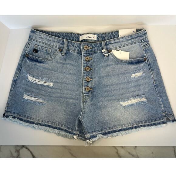 NWT Kancan Ultra High Rise Button Fly Jean Short size XL, Light Wash, Distressed - Picture 2 of 16
